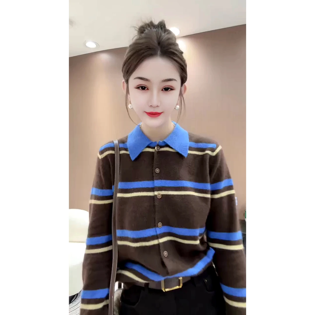 时尚条纹翻领撞色针织衫女气质显瘦长袖polo开衫