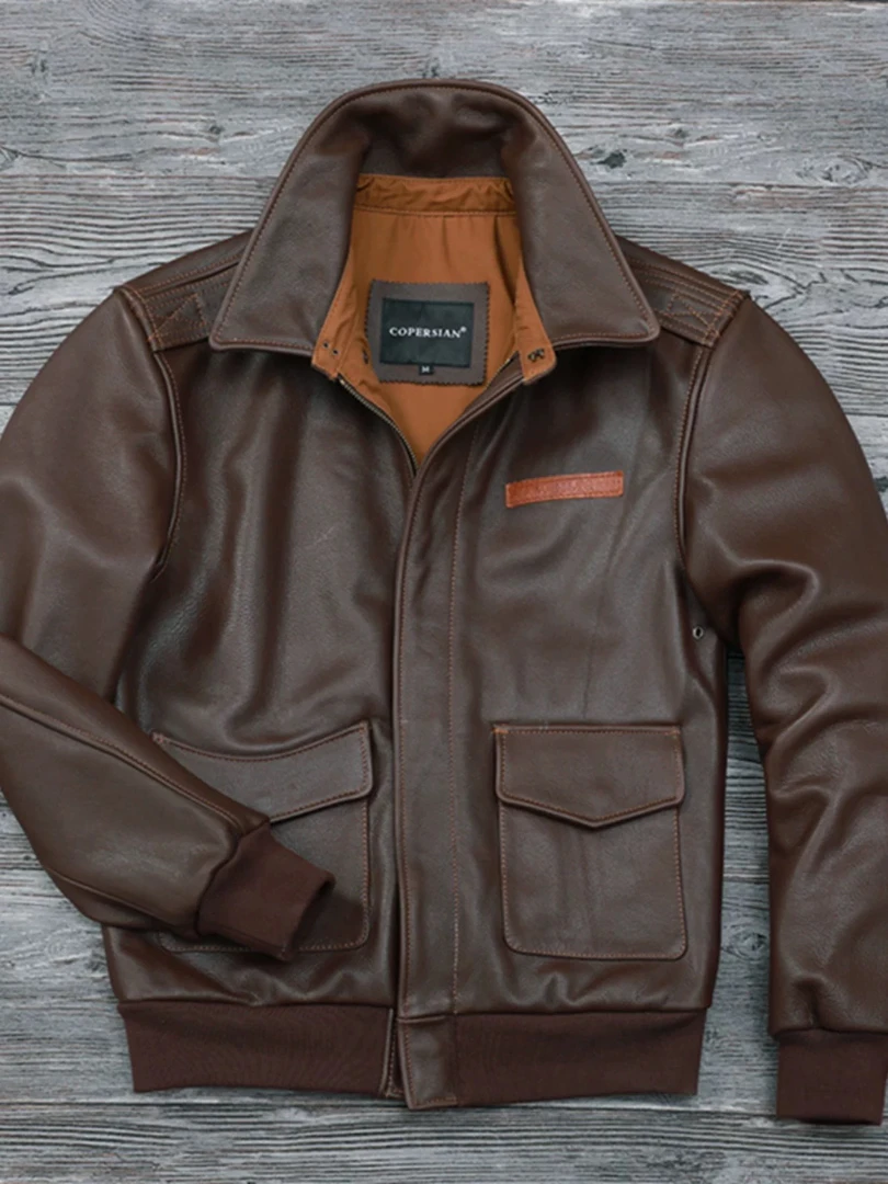 进口牛皮A2飞行服真皮纯皮夹克皮衣短款翻领头层牛皮外套春秋