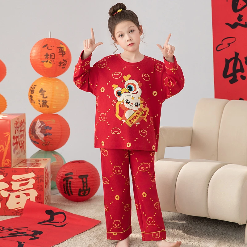 儿童睡衣春秋季红色纯棉长袖卡通本命年女童家居服套装马年中国风