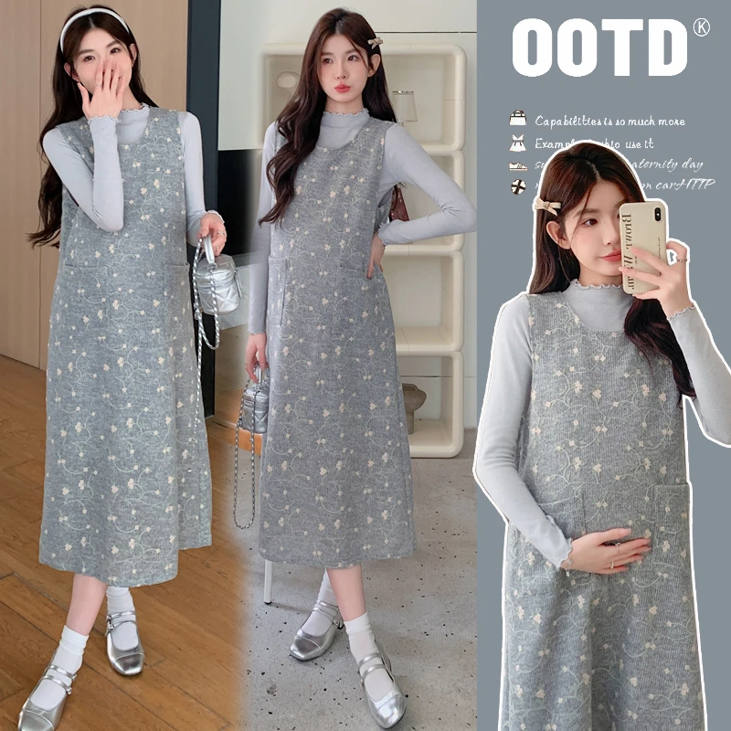 孕妇装秋装2025新款时尚连衣裙宽松两件套休闲穿搭打底衫上衣套装