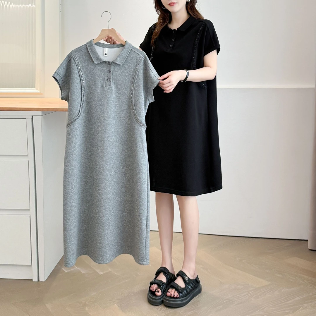 大码胖MM休闲时尚短袖连衣裙女2025夏新款减龄显瘦中长款裙子524