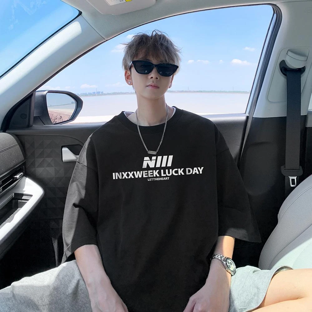 美式高街t恤男夏季潮牌设计感印花纯棉短袖圆领百搭宽松半袖上衣