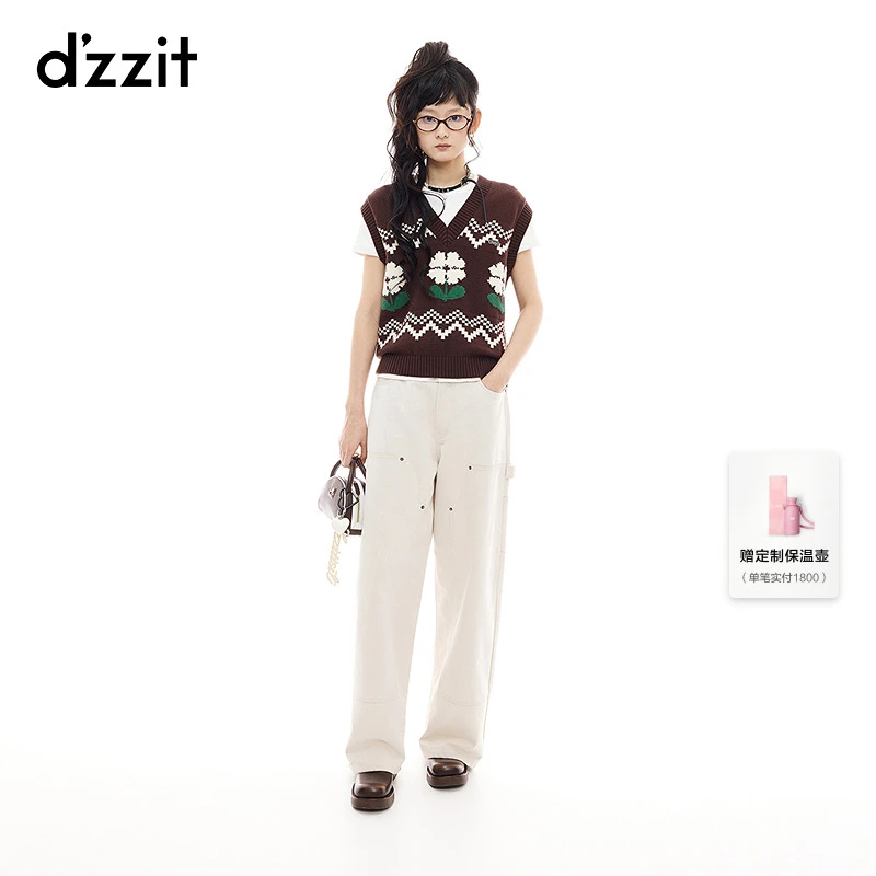 【商场同款新品】dzzit地素针织背心25秋复古花朵嵌花上衣女3J3E213
