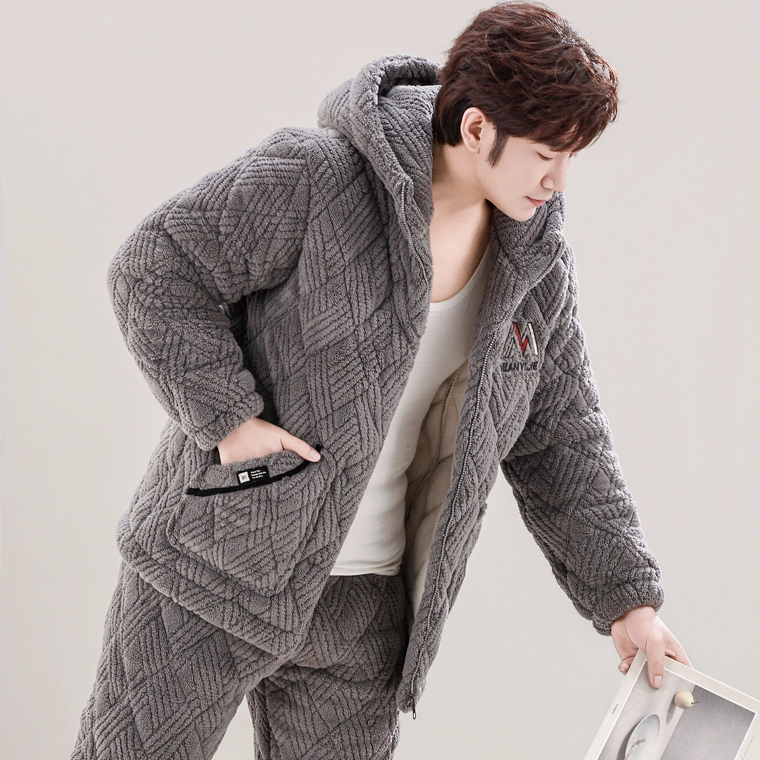 睡衣男士秋冬季三层加厚保暖加绒夹棉袄珊瑚绒连帽新款家居服套装