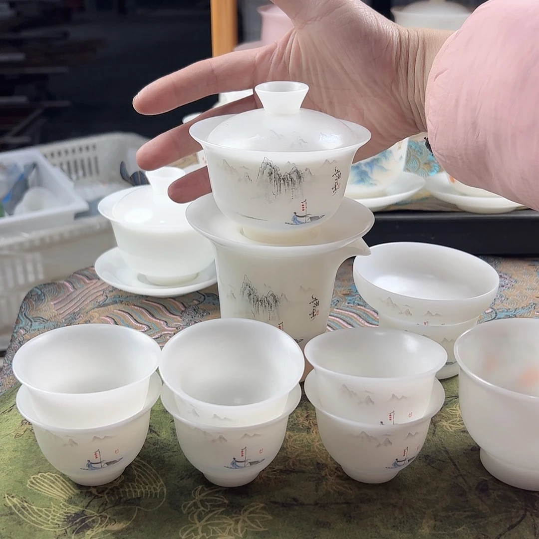 云***饰素烧璞玉元宝盖碗茶海过滤组6个60ml反口杯，压手杯