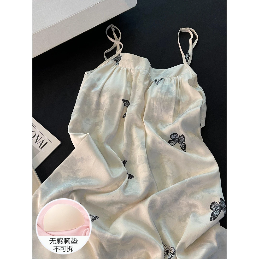 冰丝睡衣女夏季吊带睡裙性感带胸垫凉感蝴蝶2025新款高级感家居服