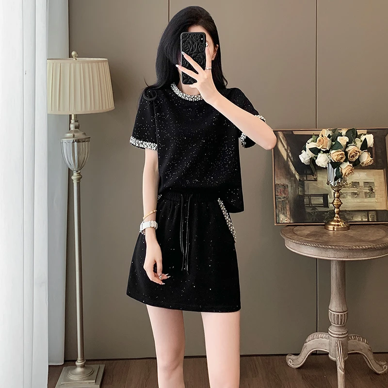 高级感小香风时尚休闲套装女夏季宽松显瘦洋气钉珠亮片短袖短裙子