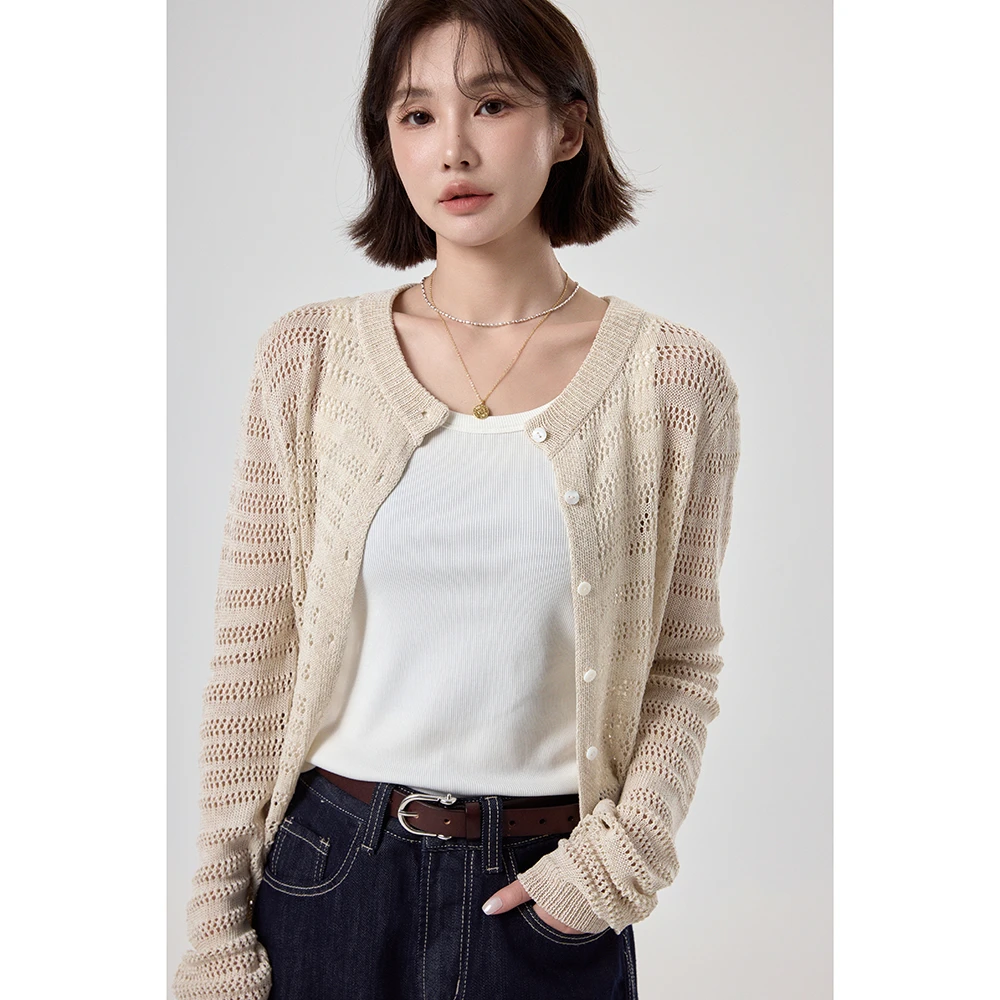 【塞班岛阳光】“亚麻开衫”极简葡萄洞镂空慵懒百搭开衫针织衫201235