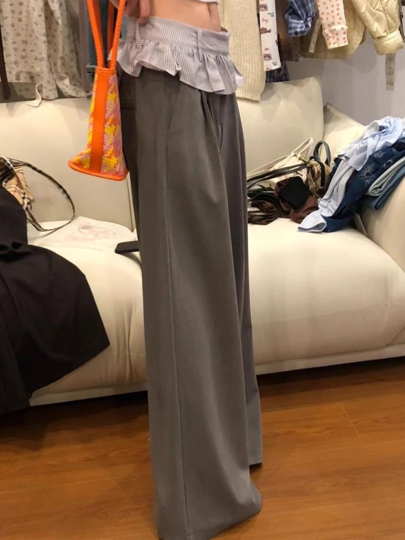 无D推荐!高品质韩系灰色拼接荷叶边阔腿裤设计感宽松休闲裤西裤女