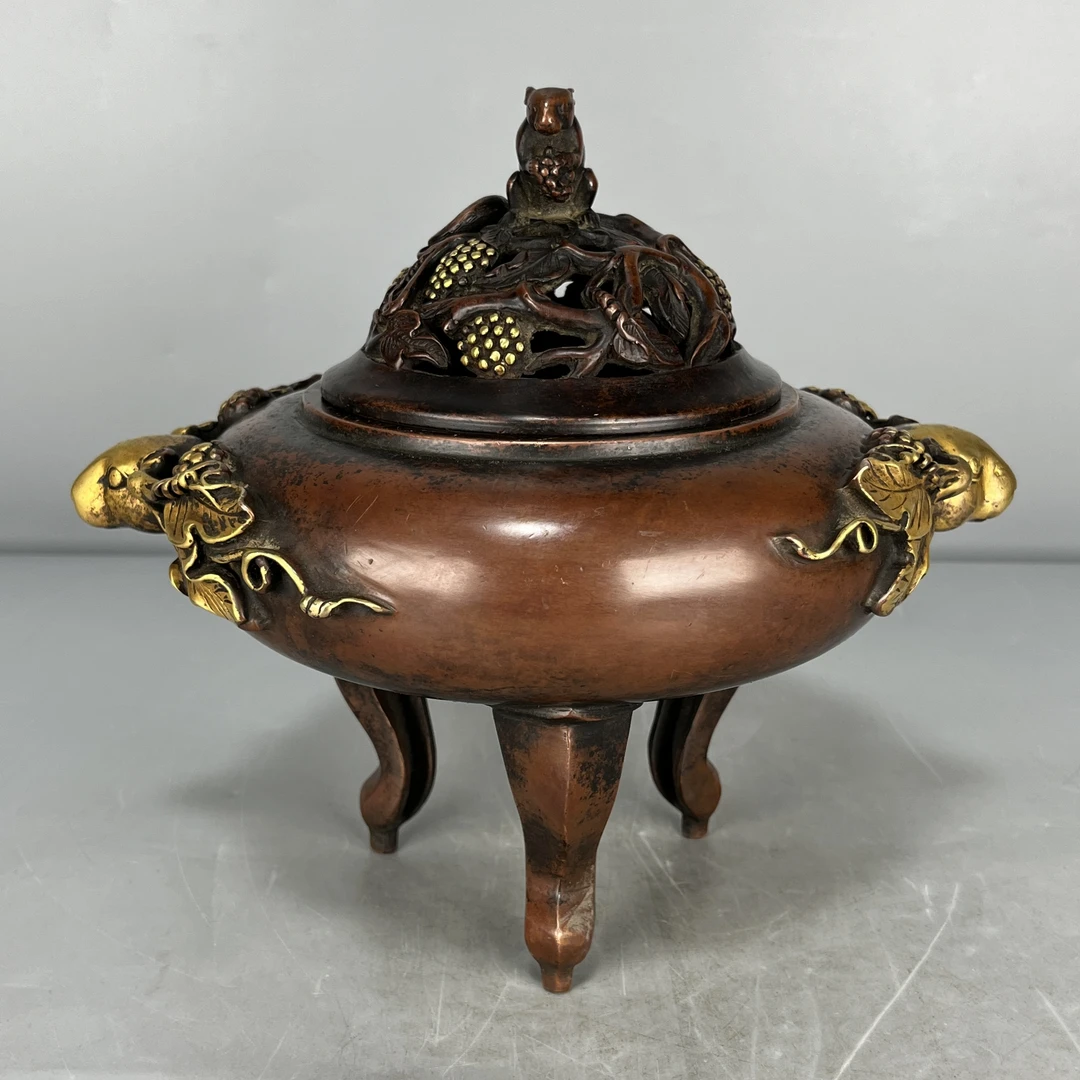 仿古瓷 仿古宣德年制紫铜鎏金三足双耳炉