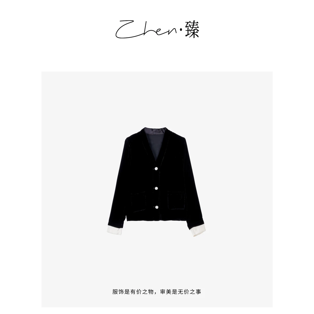 ZHEN.臻 欧货高端设计师拼接长袖V领真丝丝绒外套SY7191Z