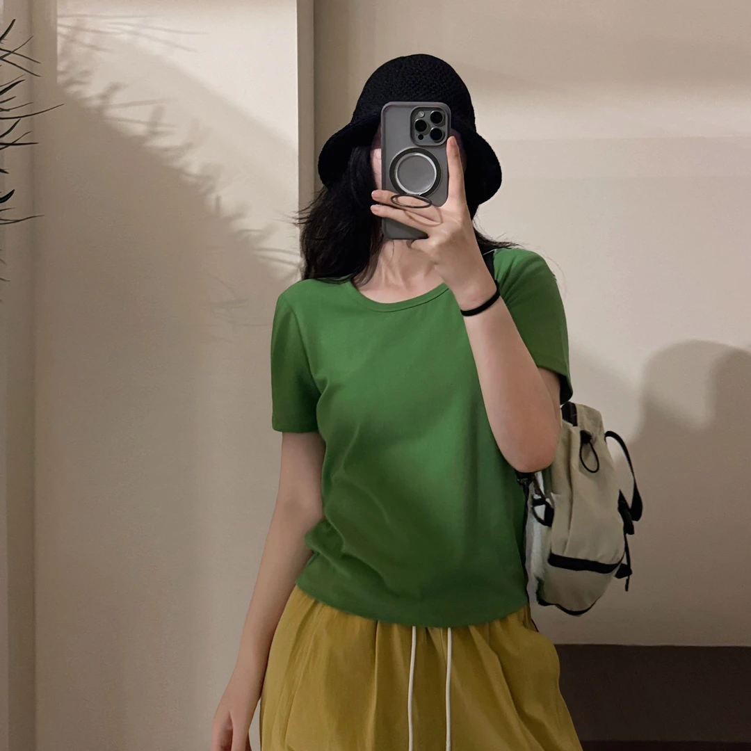 今婷【小皮标】时尚休闲百搭舒适纯色小织带基础短袖T恤-M25201432