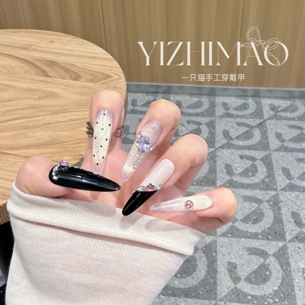 【甜酷辣妹】一只猫·暗黑千金风爆闪猫眼斜法式穿戴甲美甲贴片