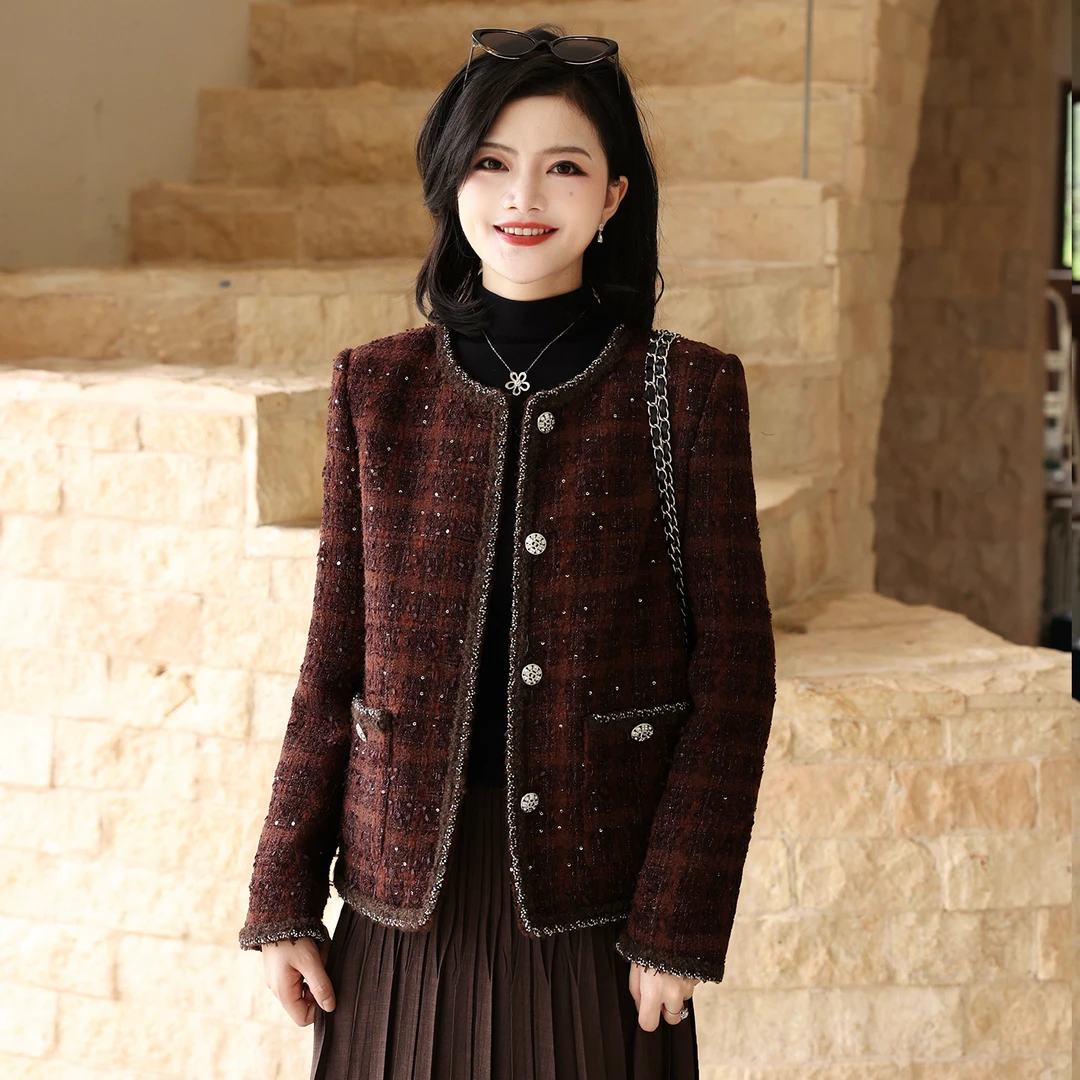 枫竺阿楠anan重工亮片钉珠圆领轻奢小香风外套女秋洋气出游上衣