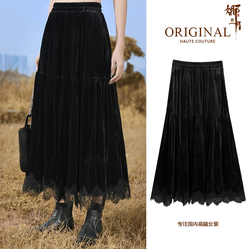 娜三月洋气黑色半身裙复古时尚妈妈减龄裙子高级感秋冬季长裙3812