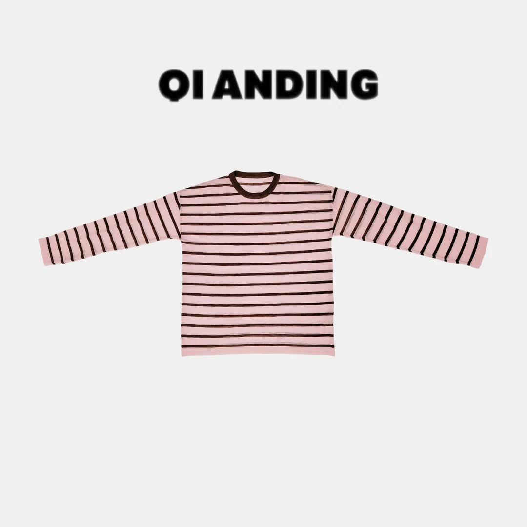【QIANDING】25新款“粉咖条纹”极简百搭长袖T25819
