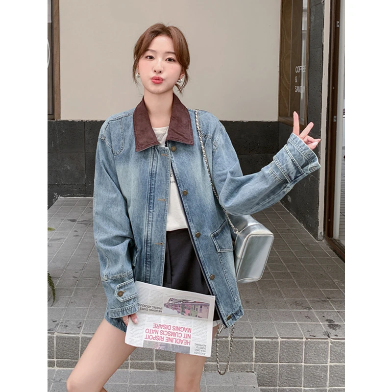 高级感翻领休闲牛仔外套女秋季韩系穿搭巨好看的宽松中长款风衣潮