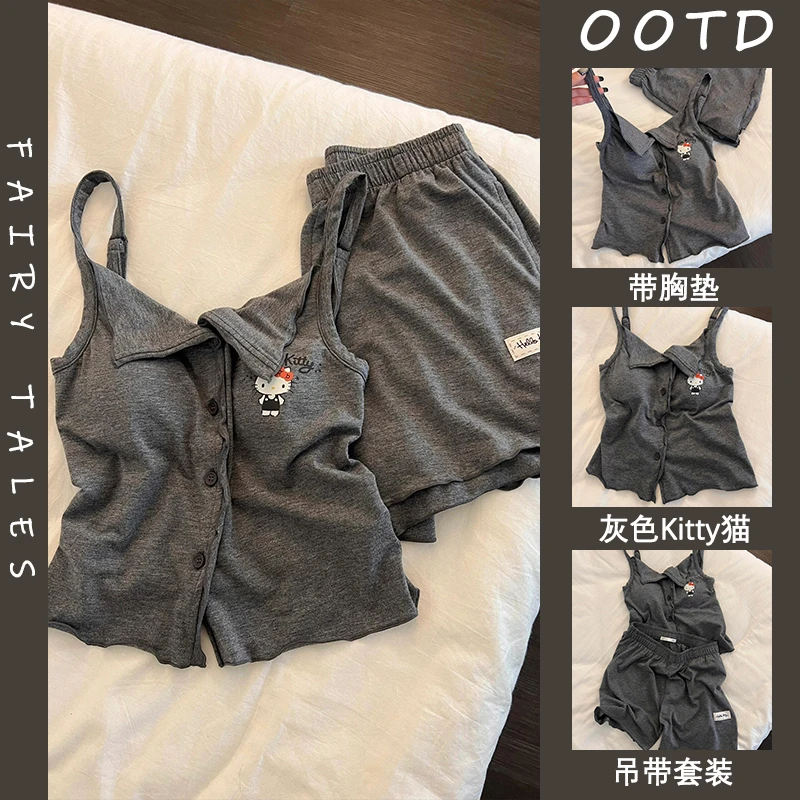 带胸垫简约吊带睡衣女夏季新款卡通kt猫印花可外穿韩版家居服套装