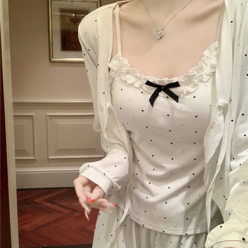 韩系秋季新款简约圆点吊带三件套ins系带长袖带胸垫家居服睡衣女