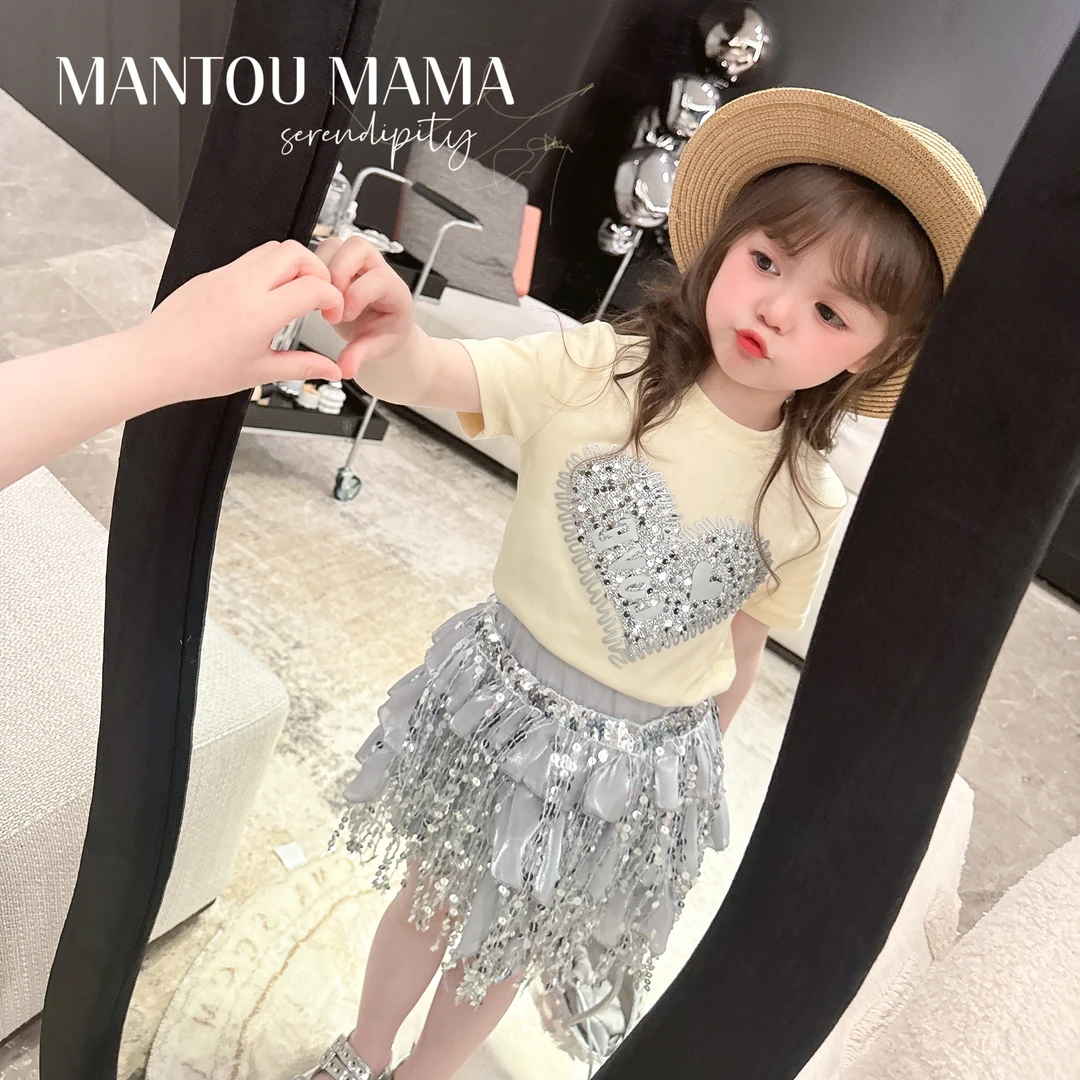 【Mt studio】【现货】质感爱心短袖上衣套装夏季女童亮片流苏半身裙