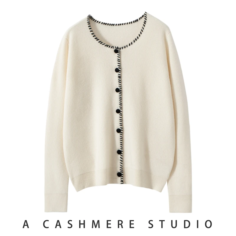 7针双股100%纯山羊绒开衫女圆领长袖宽松显瘦春秋毛衣针织外套