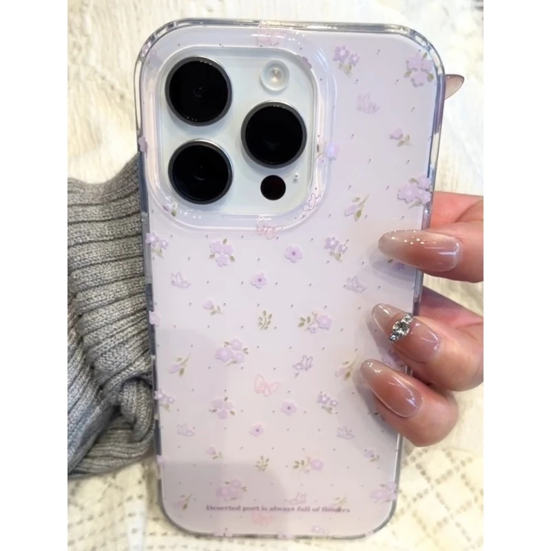 奥菲顿韩系紫色小碎花适用iPhone16大孔手机壳华为vivo小米oppo套