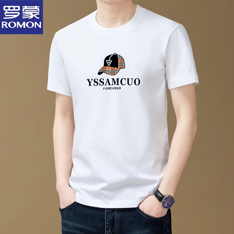 罗蒙100%纯棉短袖T恤男士夏季圆领时尚字母印花半袖汗衫百搭上衣