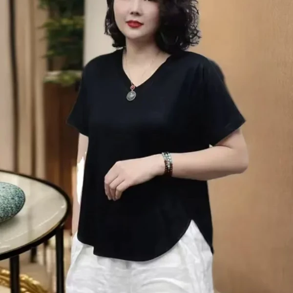 9088夏季薄弹力V领纯色开叉设计感气质显瘦休闲百搭短袖T恤