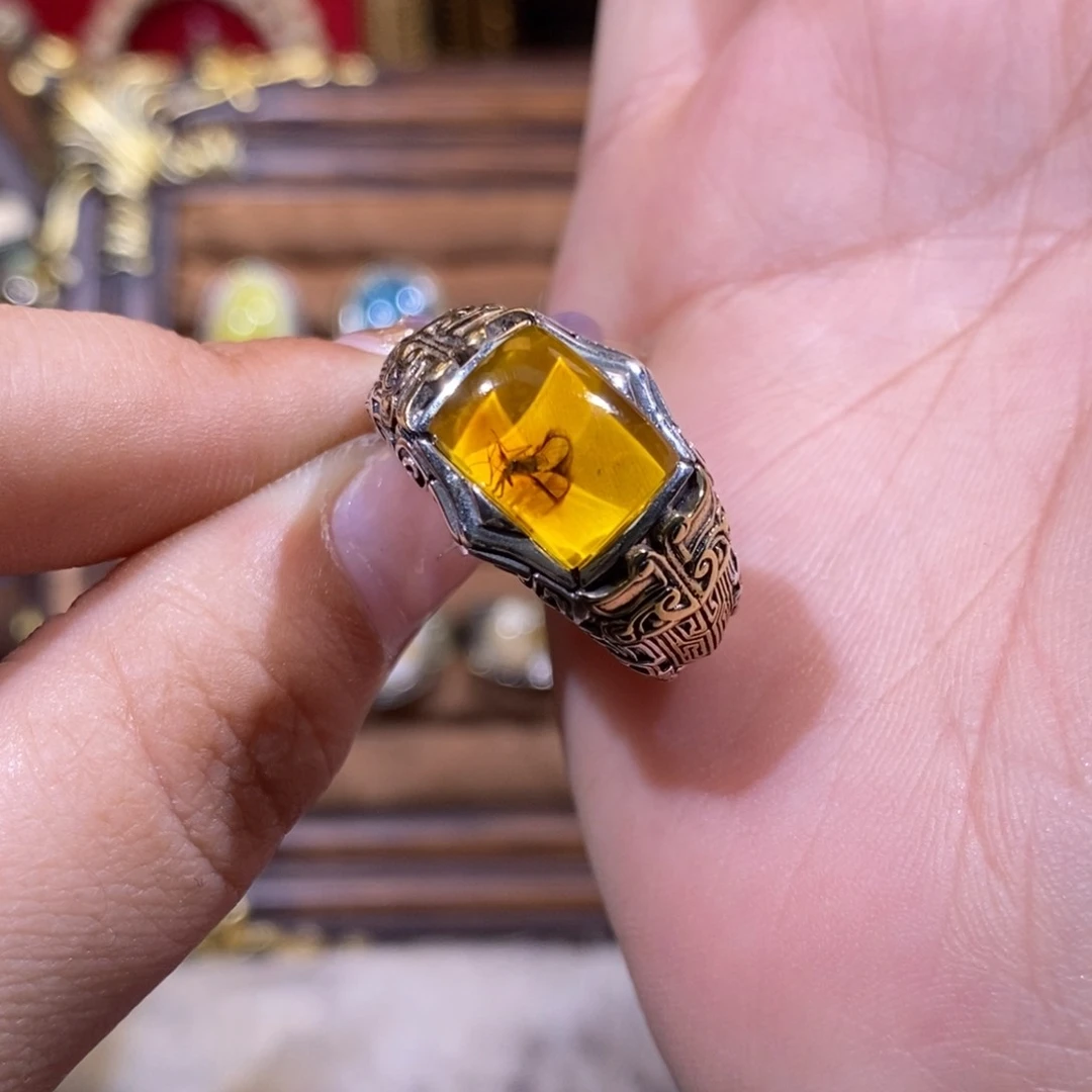 琥珀戒指银S925镶嵌m*啦戒指