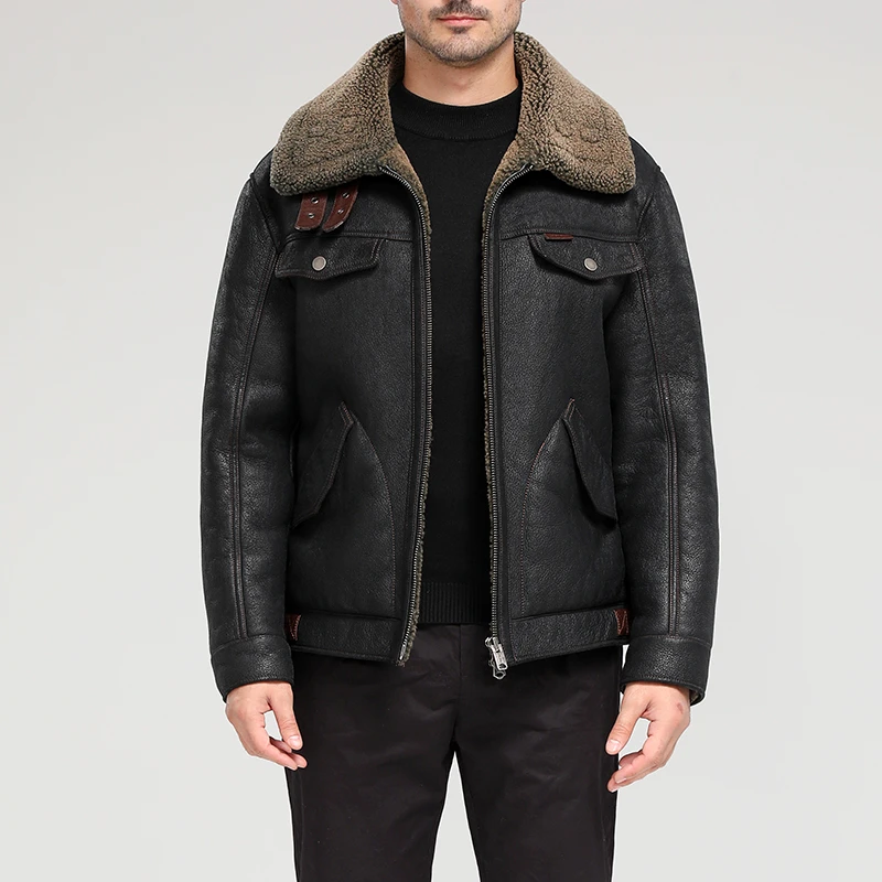 皮毛一体男植鞣水洗打磨原生态羊皮羊毛经典短款B3美式复古大翻领