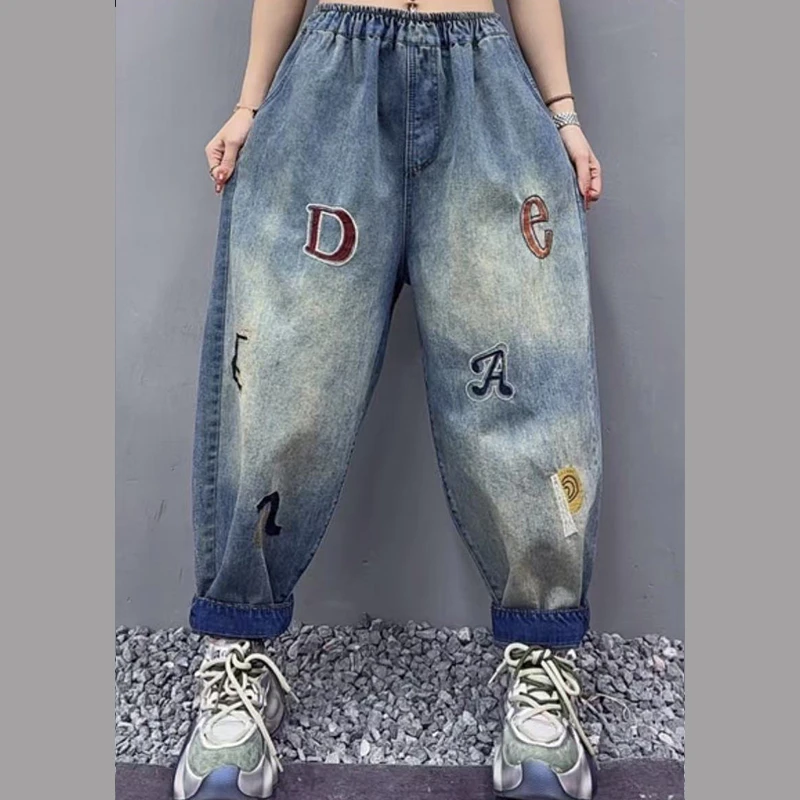 2025新春秋字母刺绣哈伦裤宽松休闲显瘦松紧腰百搭老爹裤九分裤女