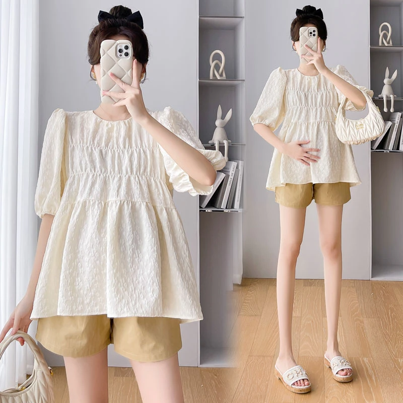 L3#（5.23-48H） 2024孕妇装甜美肌理褶皱泡泡袖娃娃衫上衣L