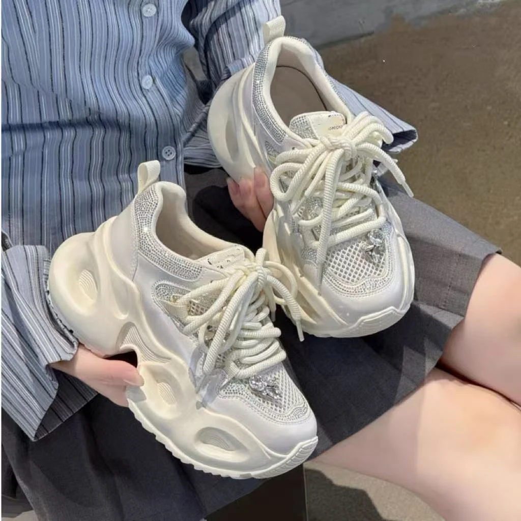 C7578  米色  时尚厚底圆头系带2025新款休闲运动鞋女士老爹鞋