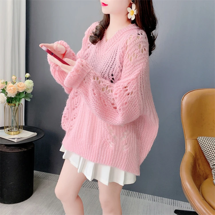 镂空V领针织衫女2025年新款春秋宽松慵懒风薄款休闲防晒罩衫上衣