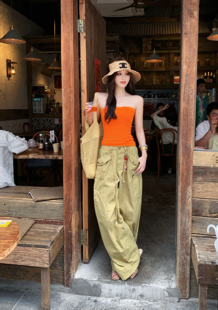 SISTER姐妹家【春花秋月】时尚夏季抹胸开衫工装裤