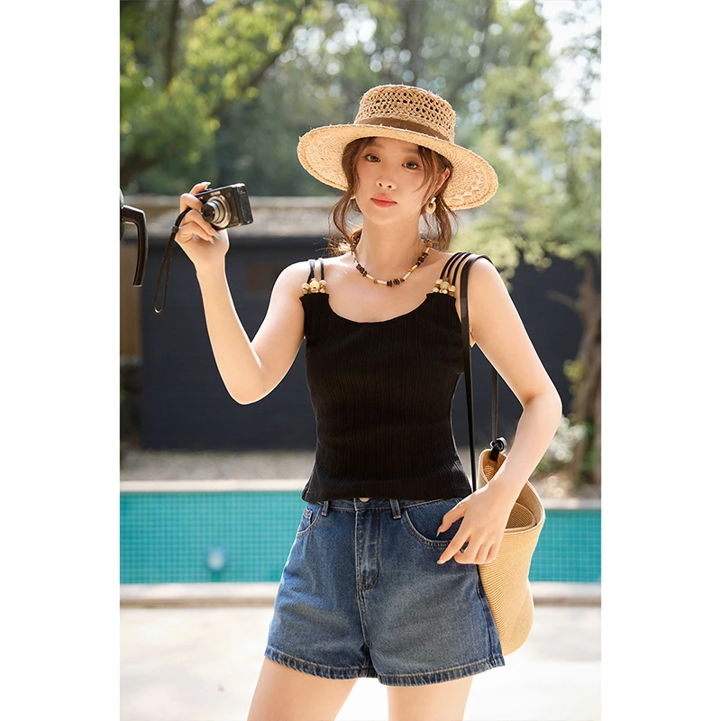 【年中大促】串珠编织肩带背心女夏高弹螺纹针织吊带上衣