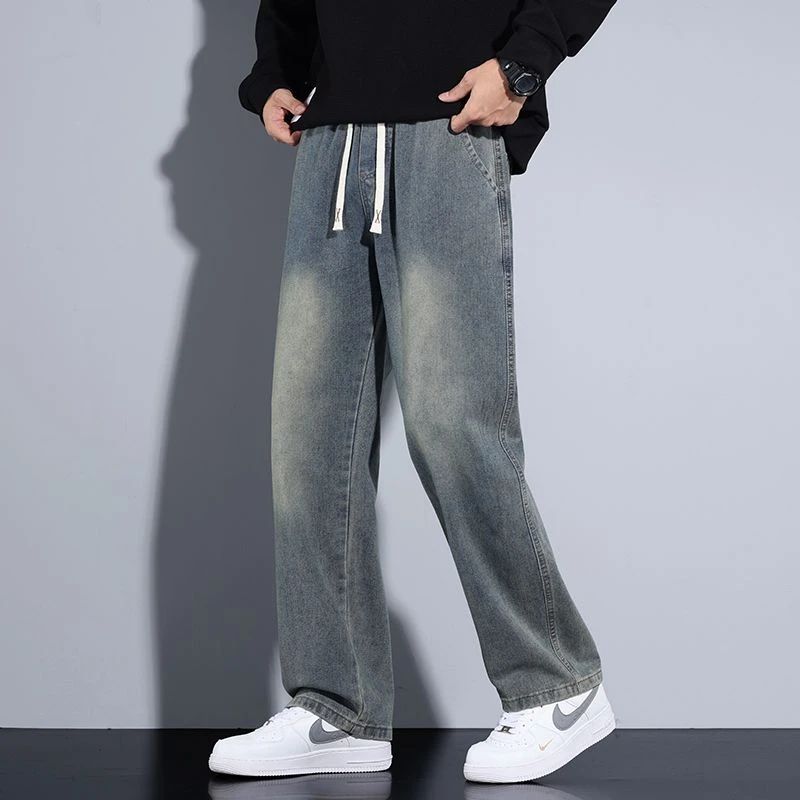 复古春季系带长裤牛仔休闲男士百搭阔腿裤港风潮流宽松大码6688