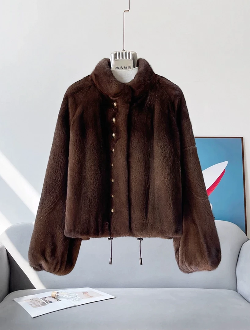 进口短款水貂大衣女时尚减龄整貂水貂皮外套立领2024新款