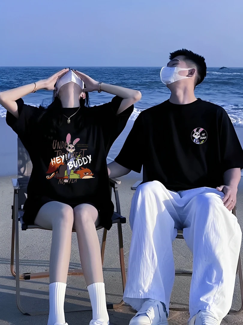 【两件装】狐狸兔子情侣圆领宽松纯棉百搭情侣装ins休闲短袖韩版T恤