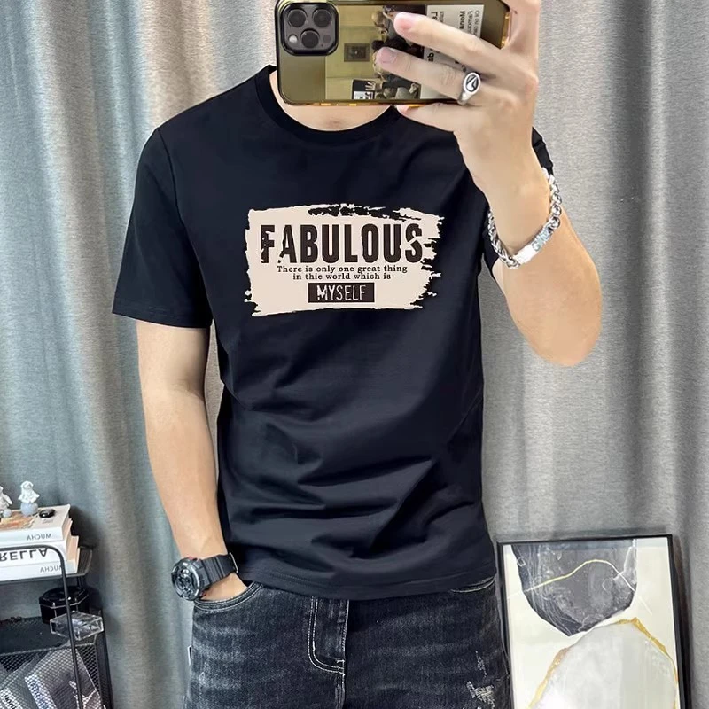夏季新款短袖男士t恤丝光棉韩版修身圆领印花打底衫潮流百搭T衫男