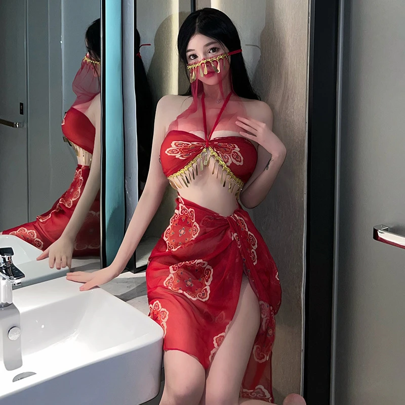 性感内衣旗袍高开蕾丝显瘦夏季复古红色新娘中国风套装古风