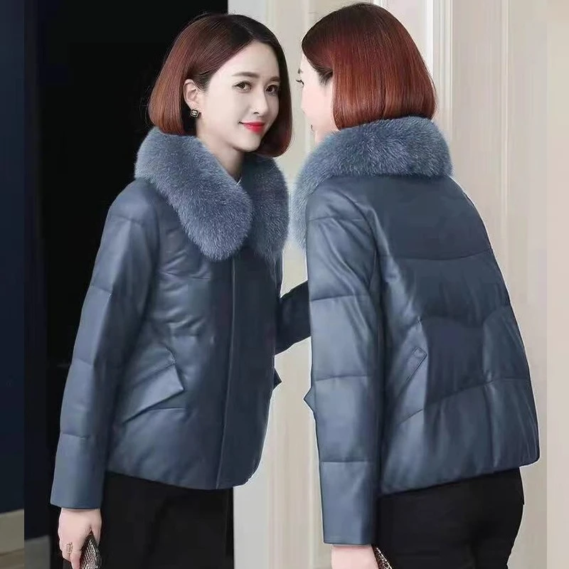 海宁皮衣女外套加绒加厚冬季短款2025新款翻领真狐狸毛领羽绒棉服