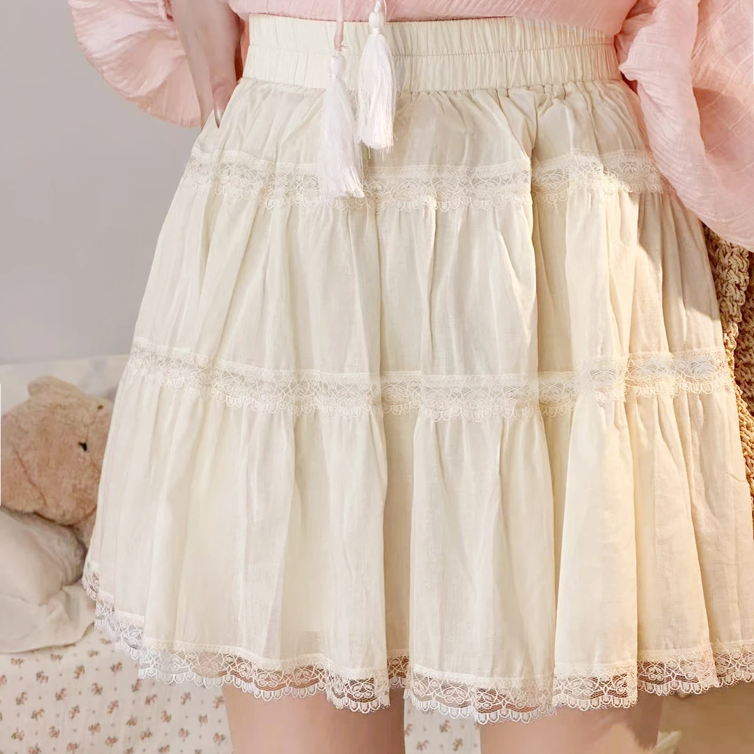 拼接蕾丝花边短裙松紧高腰a字宽松显瘦防走光半身裙女