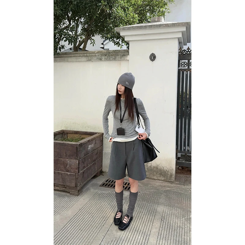 打底衫假两件扣子上衣内搭修身长袖T恤西装短裤高腰休闲阔腿裤女