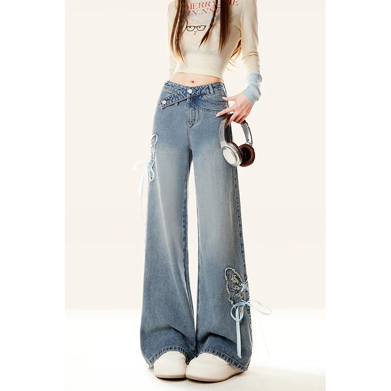 自然涩早春游蓝蝴蝶刺绣阔腿女士牛仔裤垂感直筒拖地高腰休闲裤女