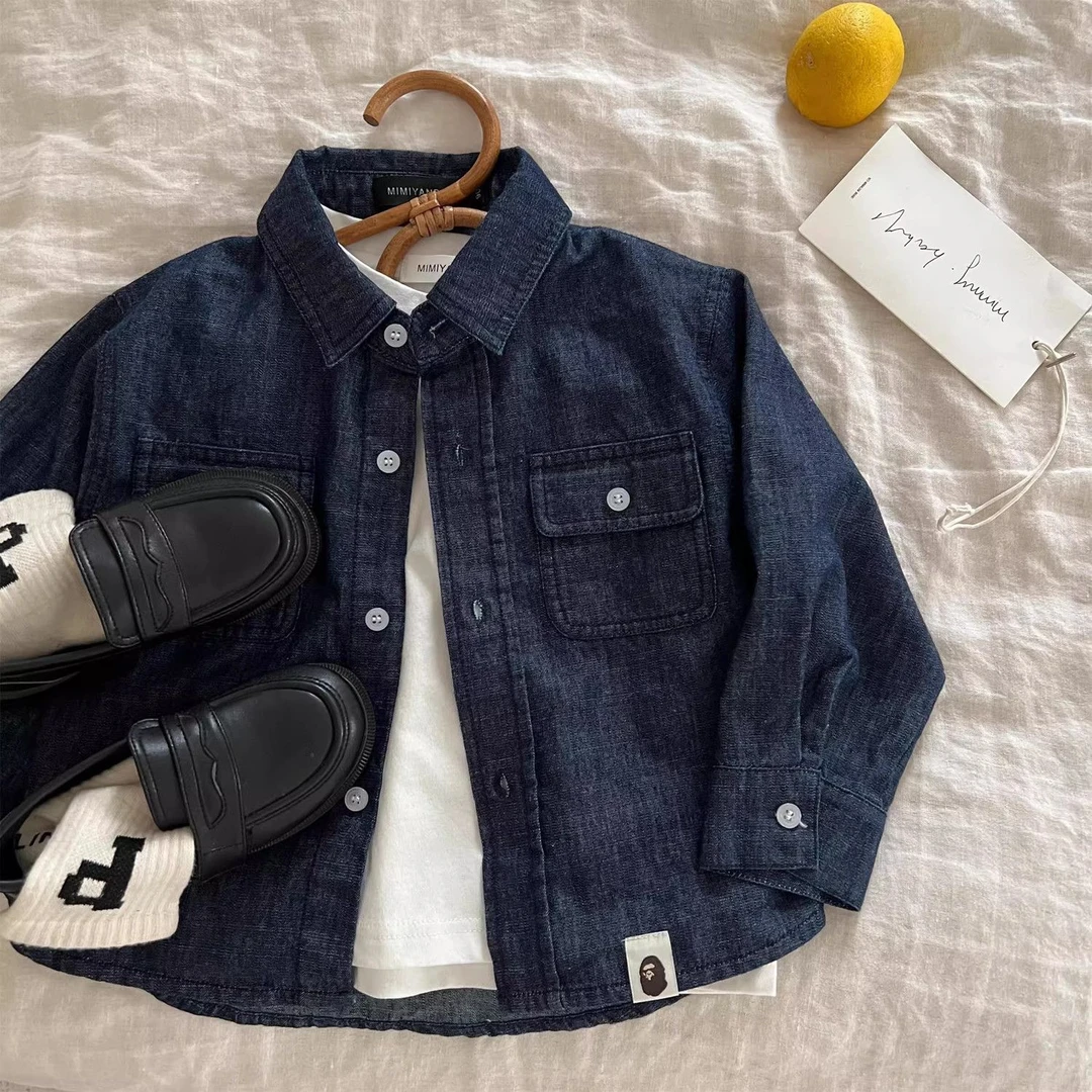 儿童牛仔衬衫2025春新款男女童日系潮牌翻领衬衣宝宝小童长袖上衣