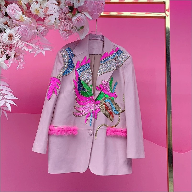 A3180欧美设计师2025秋季新款重工钉钻刺绣龙图时尚个性皮衣外套