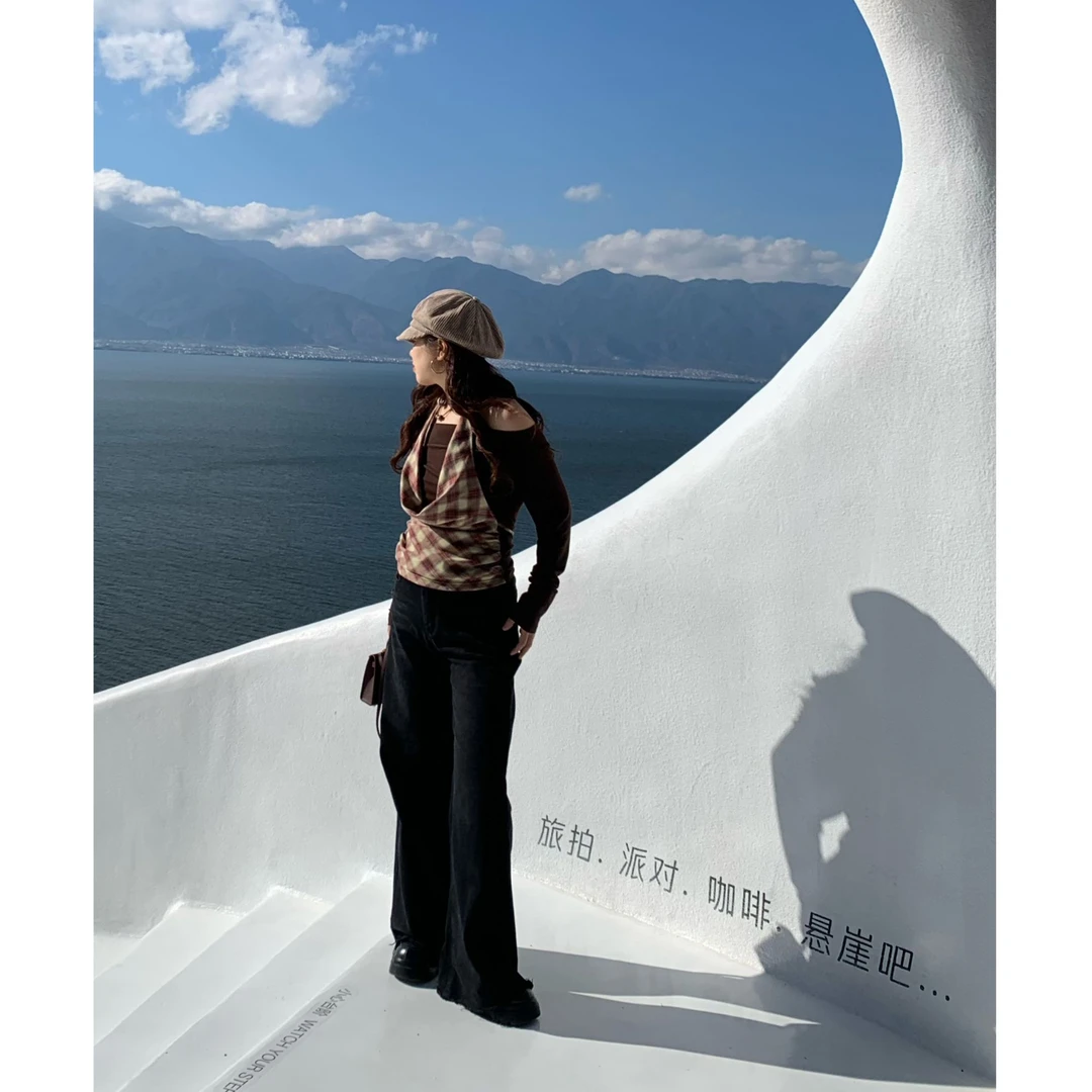 米米子定制挂脖格纹假两件长袖上衣气质百搭小众初春新款显瘦上衣