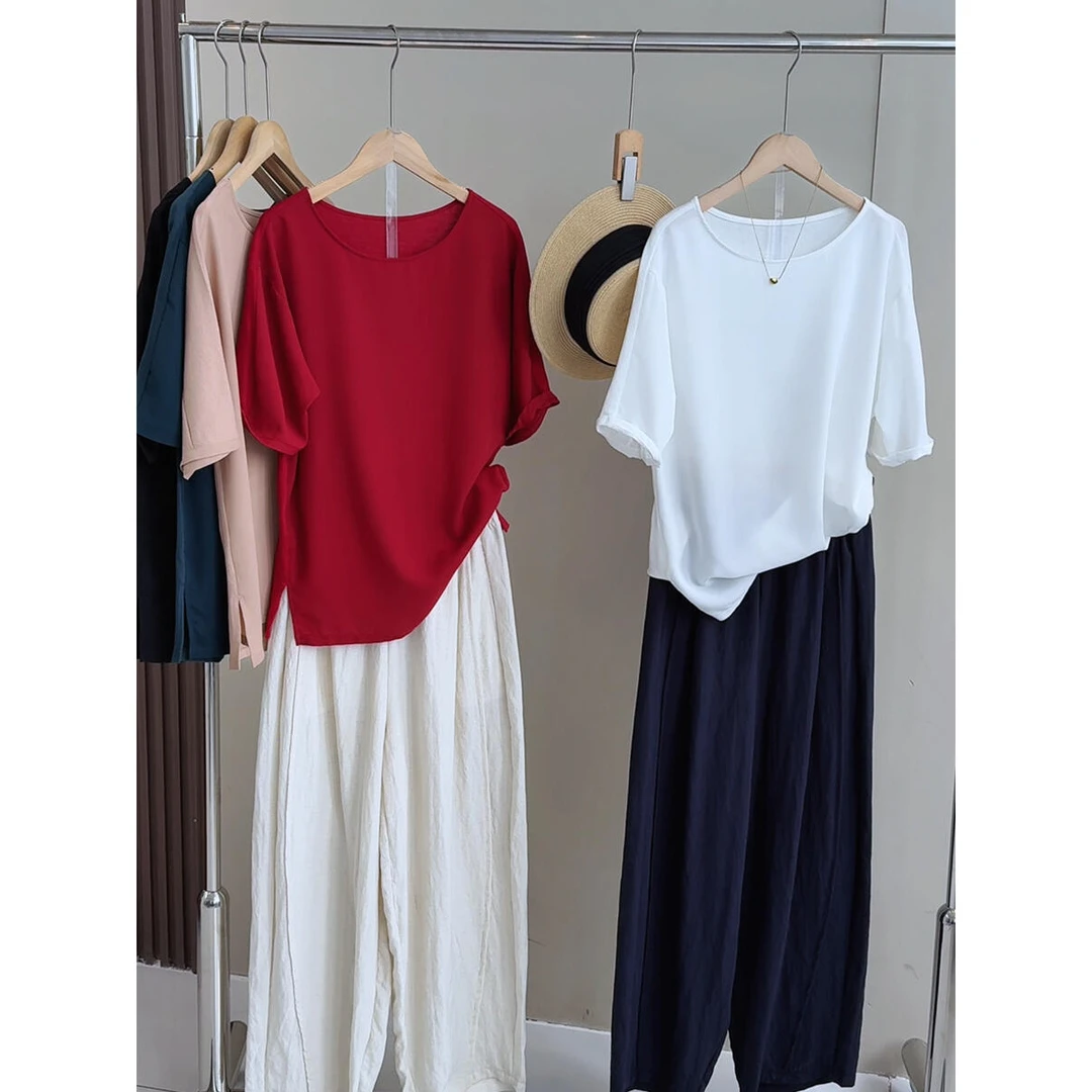 出韩国~ 薄款雪纺拼接开叉宽松圆领短袖T恤 夏季休闲半袖上衣女