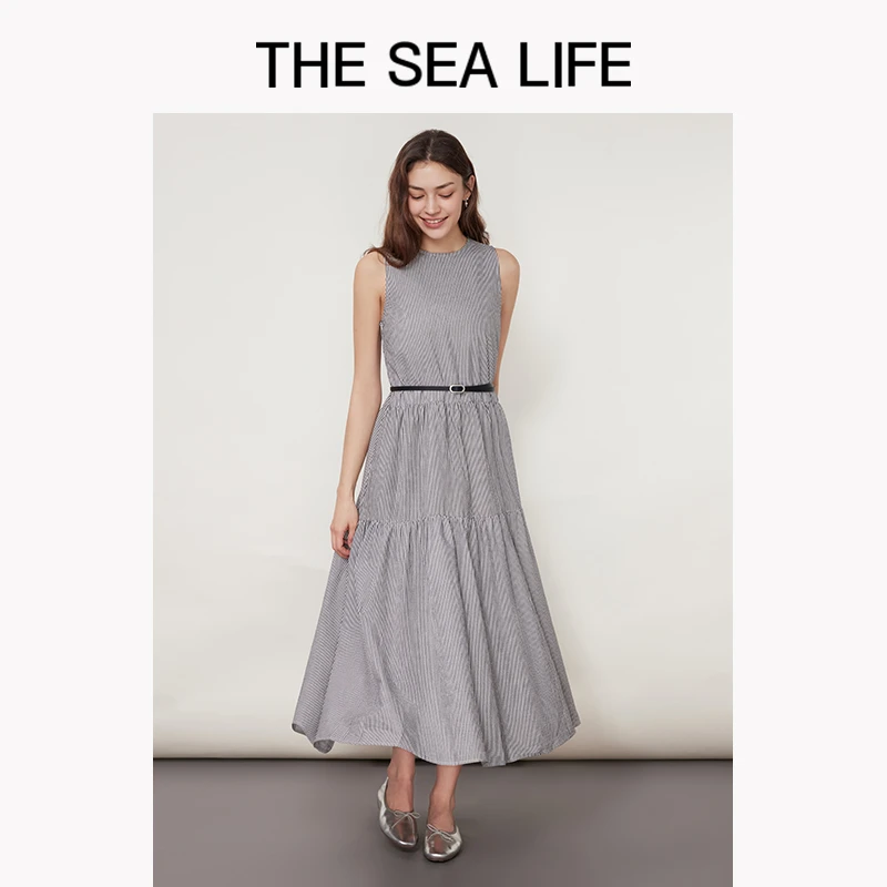 欧海一生 法式圆领连衣裙女2025夏条纹中长裙thesealife190285-1